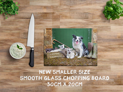 Blue Merle Border collie and lambs glass chopping board - Bits & Bobs