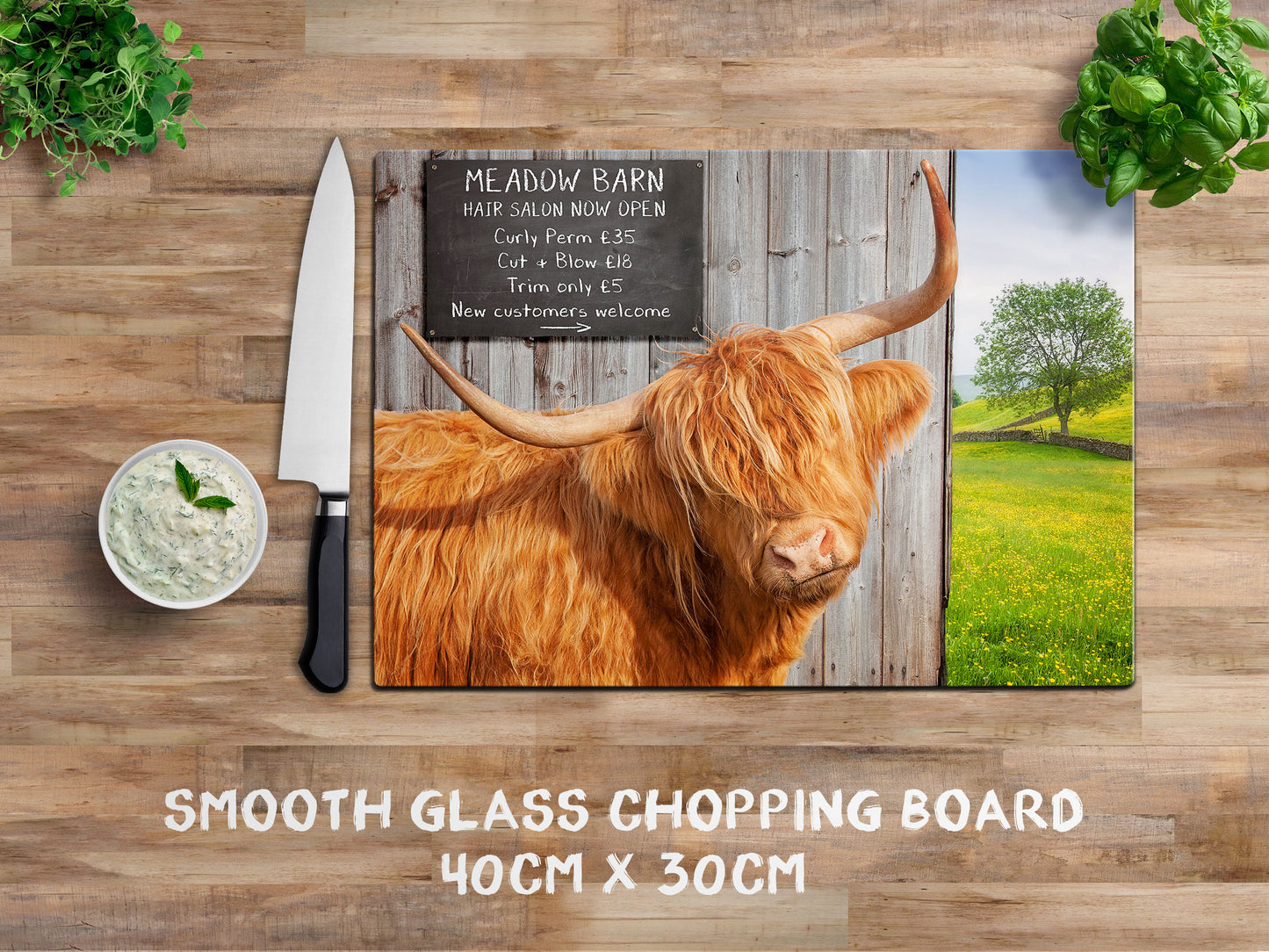 Highland Cow glass chopping board - Meadow Barn