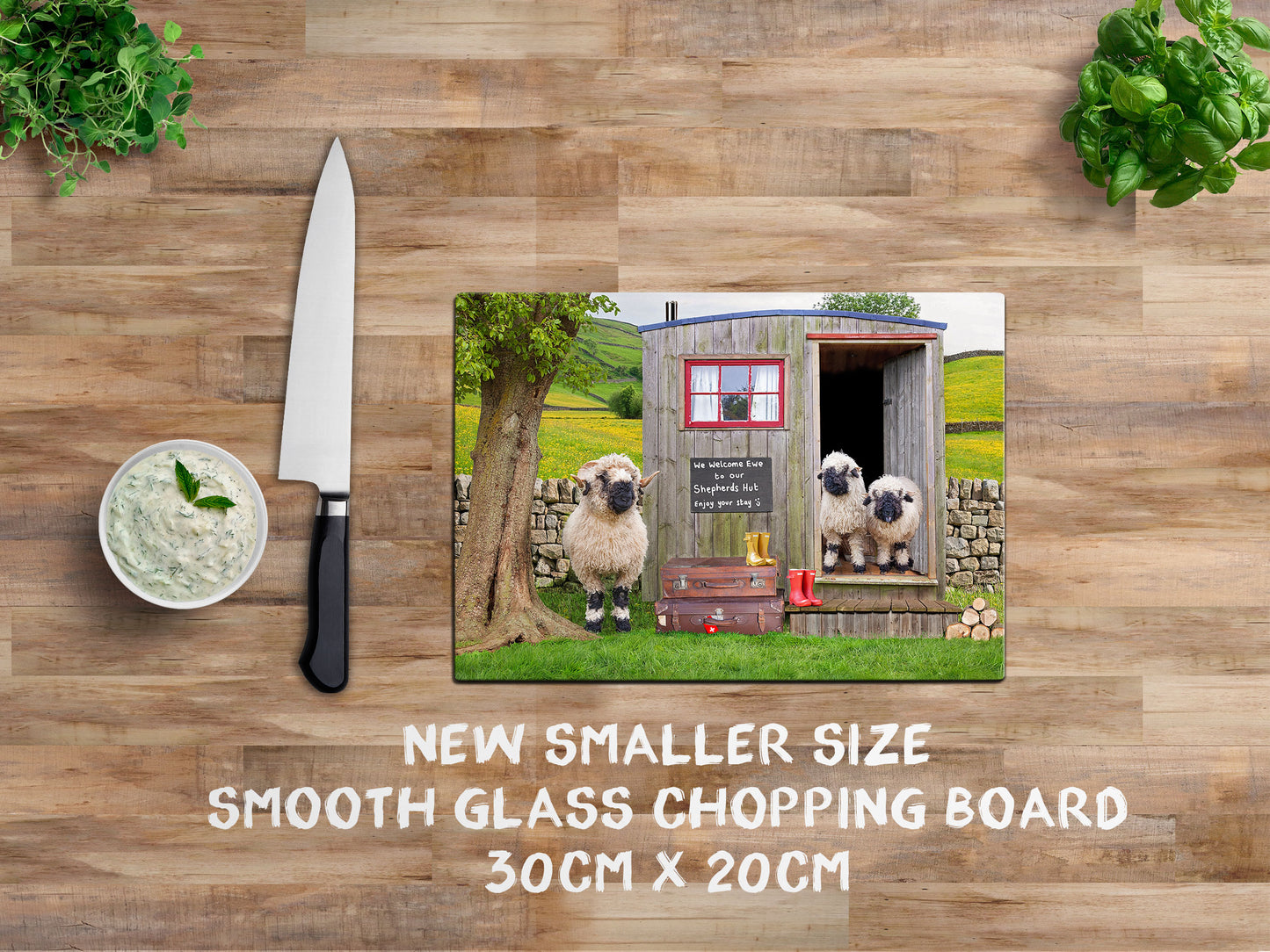 Valais balcknose sheep and shepherds hut glass chopping board - We welcome Ewe