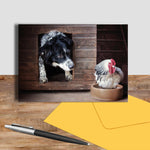 Border collie and hen greetings card - Early morning breakfast call - Kitchy & Co