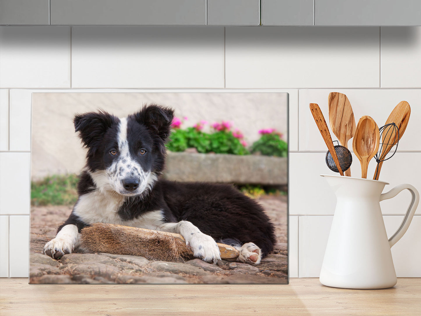 Border Collie Pup glass chopping board - The Apprentice - Kitchy & Co Chopping Board