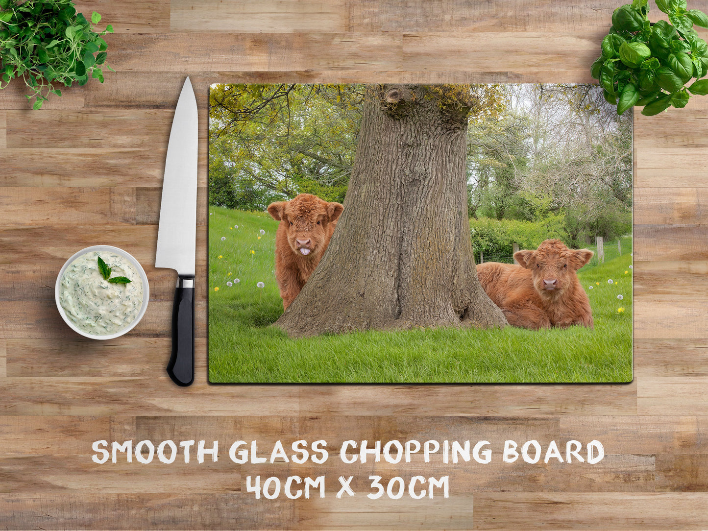 Highland Calves chopping board - From little acorns mighty oaks grow - Kitchy & Co Chopping Board