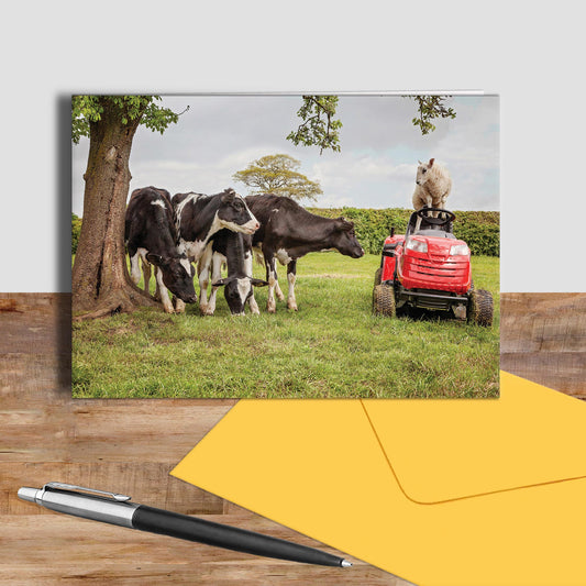 Funny Farming greetings card - Off to mow the meadow - Kitchy & Co