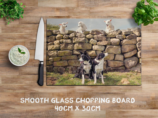 Pet lambs and sheepdogs Glass chopping board - Cheeky Pet Lambs - Kitchy & Co Chopping Board