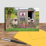 Valais blacknose sheep and shepherds hut greetings card - We welcome Ewe - Kitchy & Co