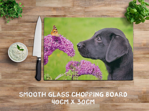 Labrador & Butterfly glass chopping board - Always take time to smell the flowers - Kitchy & Co Chopping Board