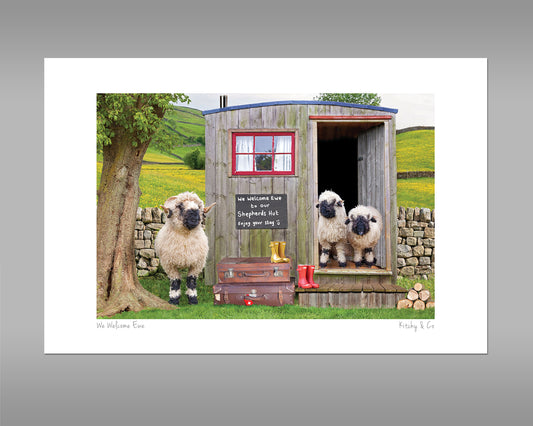 Valais Blacknose Sheep and Shepherds hut Print - We Welcome Ewe - Kitchy & Co print