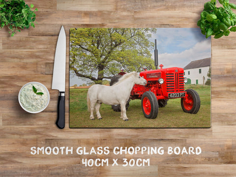 Shetland Pony and Tractor Glass Chopping Board - Horse Power - Kitchy & Co Chopping Board