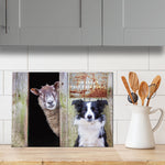 Border collie and sheep glass chopping board - Look Out ! She's Behind Ewe - Kitchy & Co Chopping Board